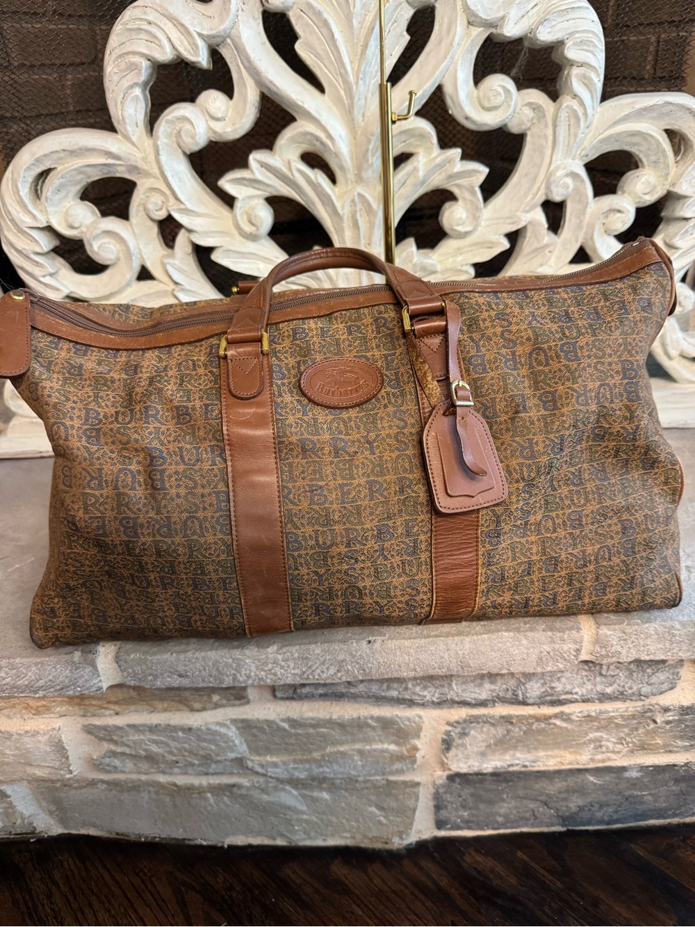 Burberry Boston Monogram Canvas Duffel with Tan Leather Trim